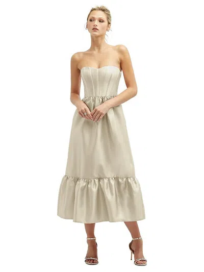 Dessy Strapless Satin Midi Corset Dress With Lace-up Back & Ruffle Hem In Neutral