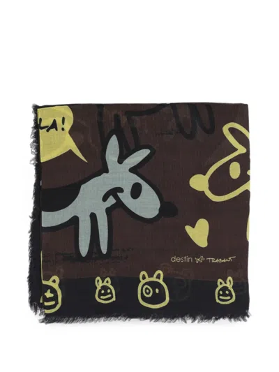 Destin Graphic-print Frayed Scarf In Brown