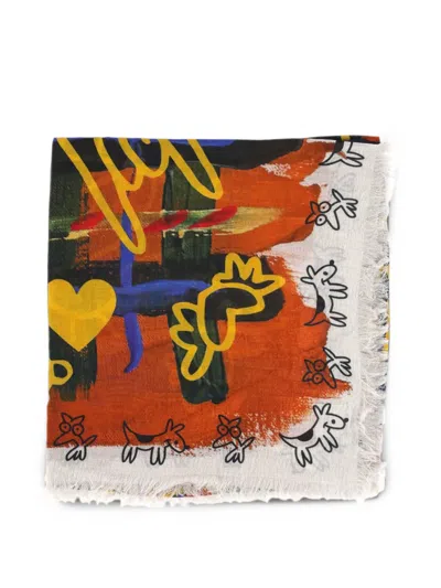Destin Graphic-print Frayed Scarf In Orange