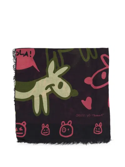 Destin Graphic-print Frayed Scarf In Black