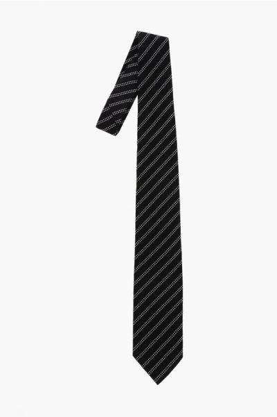 Destin Jacquard Silk Tie With Oblique Stripes Pattern In Black