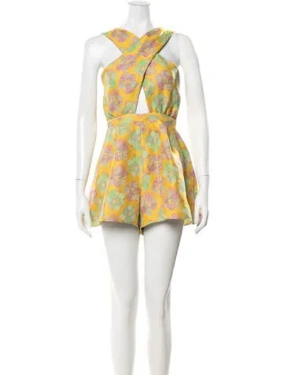 Pre-owned D'estree Floral Print Halterneck Romper In Yellow