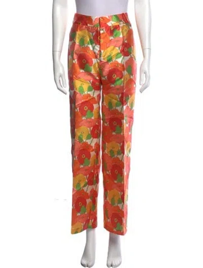 Pre-owned D'estree Floral Print Wide Leg Pants In Orange