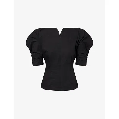 D'estree Womens Black Janet Puff-sleeve Cotton Top