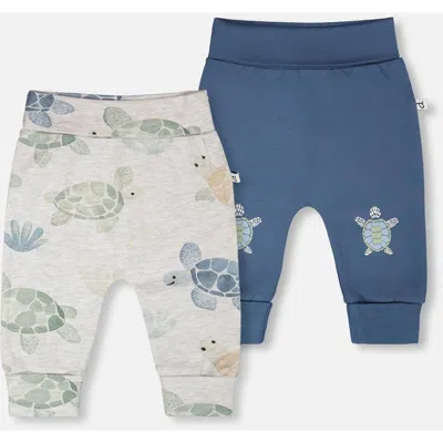 Deux Par Deux Babies'  2 Pack Organic Cotton Jersey Evolutive Tutle Print Pants In Blue