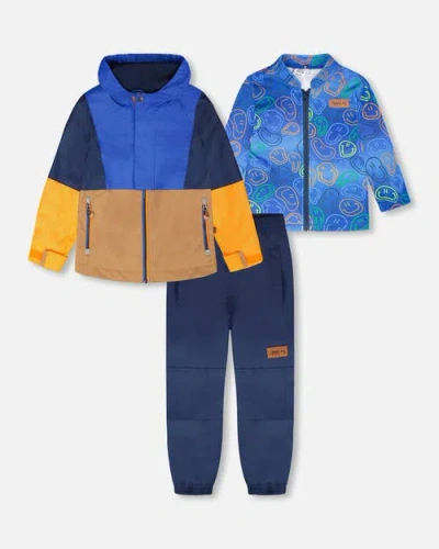 Deux Par Deux Kids'  3-in-1 Two-piece Colorblock Mid-season Outerwear Set In Blue