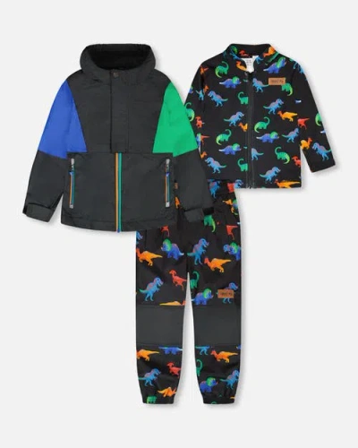 Deux Par Deux Babies'  3-in-1 Two-piece Dinosaur Print Mid-season Outerwear Set In Black