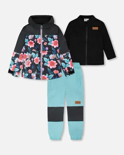 Deux Par Deux Kids'  3-in-1 Two-piece Mid-season Outerwear Set Flowers In Black