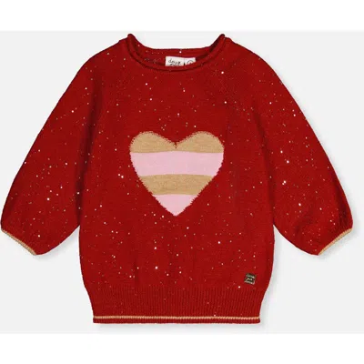 Deux Par Deux Kids' 3/4 Sleeve Knitted Sweater Red