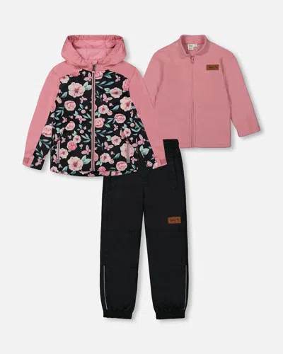 Deux Par Deux Kids' 3-in-1 Mid-season Outerwear Set With Printed Jacket Pink, Black, And Flowers