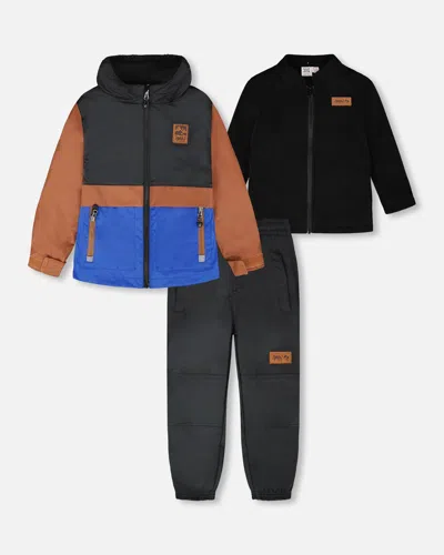Deux Par Deux Kids' 3-in-1 Two-piece Mid-season Outerwear Set Black And Brown In Multi