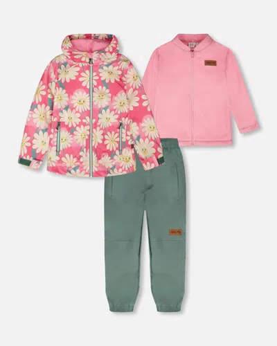 Deux Par Deux Kids' 3-in-1 Two-piece Mid-season Outerwear Set Pink Smiling Flower Print In Multi