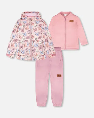 Deux Par Deux Kids' 3-in-1 Two-piece Mid-season Outerwear Set Pink With Printed Butterflies