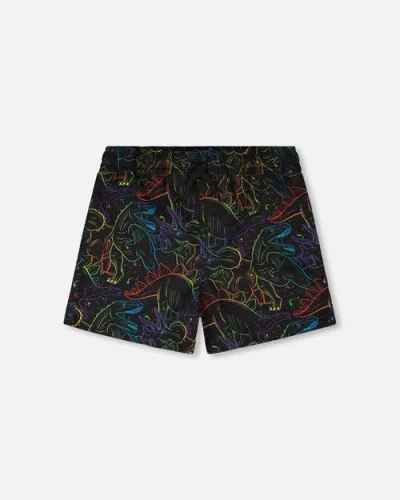 Deux Par Deux Kids'  Above The Knee Elastic Waist Dinosaur Swim Trunks In Black