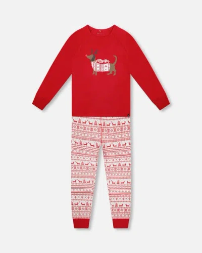 Deux Par Deux Adult Women Organic Cotton Two-piece Pajamas Red And White Fairisle