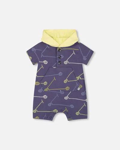 Deux Par Deux Baby Boy's French Terry Hooded Romper Blue Printed Scooters