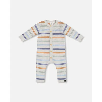 Deux Par Deux Baby Boy's Knitted Jumpsuit Stripe Hazel And Blue In Oatmeal
