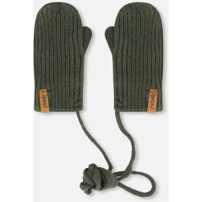 Deux Par Deux Baby Boy's Knitted Mittens With String Forest Green In Kombu Green