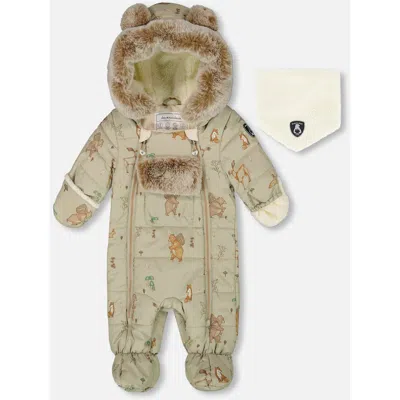 Deux Par Deux Baby Boy One-piece Layette Snowsuit Designed For Car Seat Animal In Green