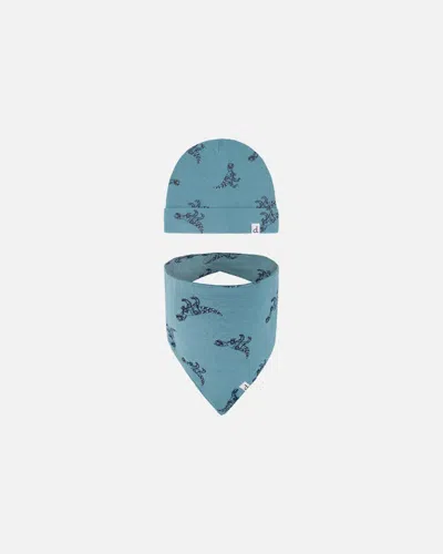 Deux Par Deux Baby Boy's Organic Cotton Hat And Bib Set Teal With Mechanical Dinosaurs Print In Teal With Dinosaurs