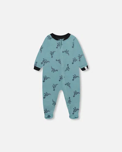 Deux Par Deux Baby Boy's Organic Cotton One Piece Pajama Teal With Mechanical Dinosaurs Print In Teal With Dinosaurs
