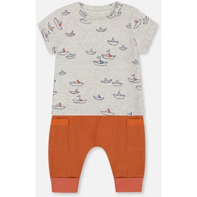 Deux Par Deux Baby Boy's Organic Cotton Top And Muslin Pant Set Little Paper Boats And Terracotta In Heather Grey Little Paper Boat