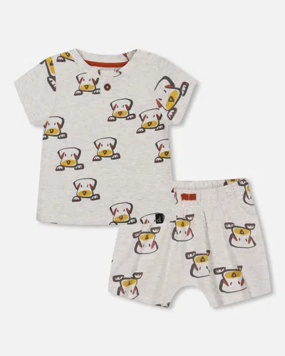 Deux Par Deux Baby Boy's Organic Cotton Top And Short Set Heather Beige With Printed Dog In Heather Beige Printed Dog