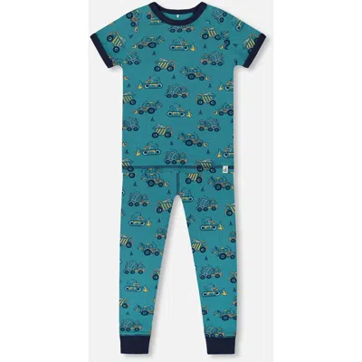 Deux Par Deux Baby Boy's Organic Cotton Two-piece Short Sleeve Top And Pant Pajama Set Teal With Yel In Teal With Yellow Truck