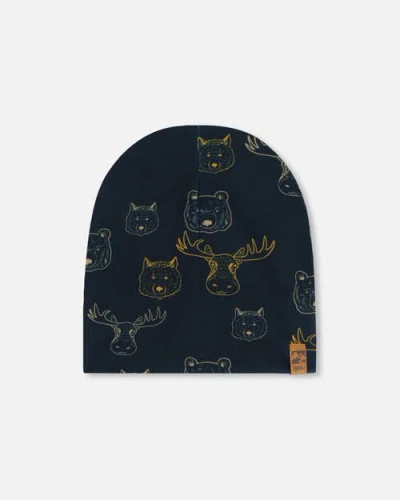 Deux Par Deux Baby Boy's Printed Beanie Hat Beige Animals On Black Background