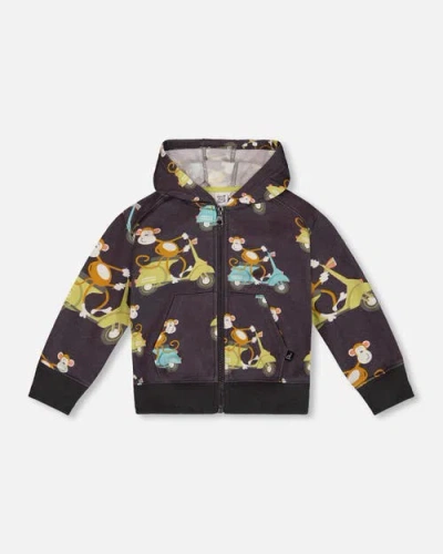Deux Par Deux Baby Boy's Printed French Terry Hooded Full Zip Cardigan Sweatshirt Monkey On Navy Mop In Monkey On Navy Moped