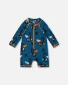 Deux Par Deux Baby Boy's Printed Long Sleeve One-piece Rashguard Orange Sloths On Navy Blue In Orange Sloths On Navy Blue