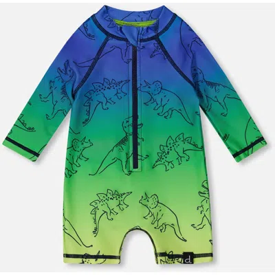 Deux Par Deux Baby Boy's Printed Long Sleeve One-piece Rashguard Vibrant Blue And Green Dino