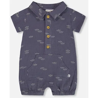 Deux Par Deux Baby Boy's Printed Muslin Romper Navy Blue Paper Boats