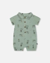 Deux Par Deux Baby Boy's Printed Muslin Romper Sage Monkey In Sage Monkey