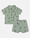Deux Par Deux Boys' Printed Muslin Shirt And Short Set - Baby In Sage Monkey
