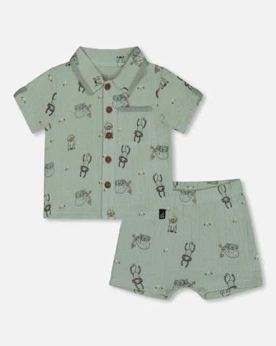 Deux Par Deux Boys' Printed Muslin Shirt And Short Set - Baby In Sage Monkey