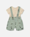 Deux Par Deux Baby Boy's Printed Muslin Shortall And Organic Cotton Bodysuit Set Sage Monkey And Off In Sage Monkey And Off-white