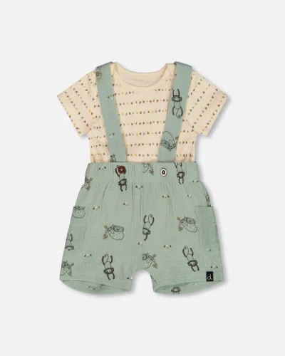 Deux Par Deux Baby Boy's Printed Muslin Shortall And Organic Cotton Bodysuit Set Sage Monkey And Off In Sage Monkey And Off-white