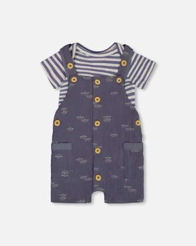 Deux Par Deux Baby Boy's Printed Organic Cotton Bodysuit And Muslin Shortall Set Navy Blue Paper Boa In Navy Blue Paper Boat