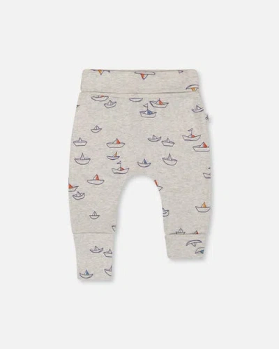 Deux Par Deux Baby Boy's Printed Organic Cotton Evolutive Pant Little Paper Boat In Heather Grey Little Paper Boat