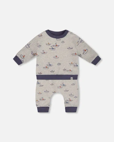 Deux Par Deux Baby Boy's Printed Organic Cotton Top And Pant Set Little Paper Boats In Heather Grey Little Paper Boat