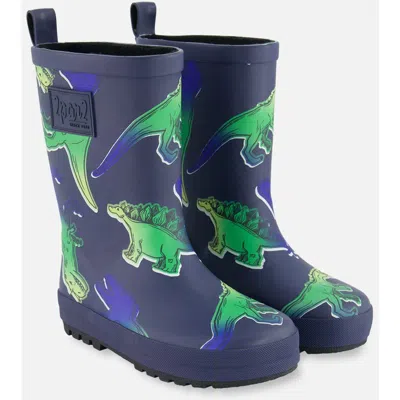 DEUX PAR DEUX DEUX PAR DEUX BABY BOY'S PRINTED RAIN BOOTS BLUE AND GREEN DINO ON NAVY