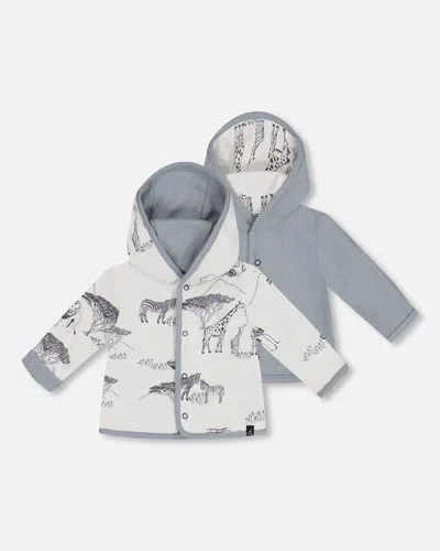 Deux Par Deux Baby Boy's Reversible Jungle-print Cotton And Waffle Cardigan In Gray