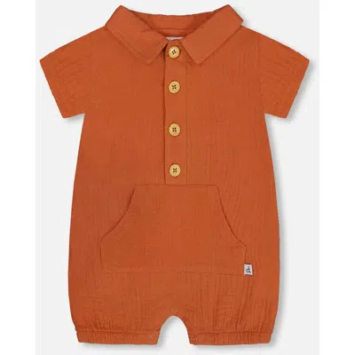 Deux Par Deux Baby Boy's Short Sleeve Muslin Romper Terracotta