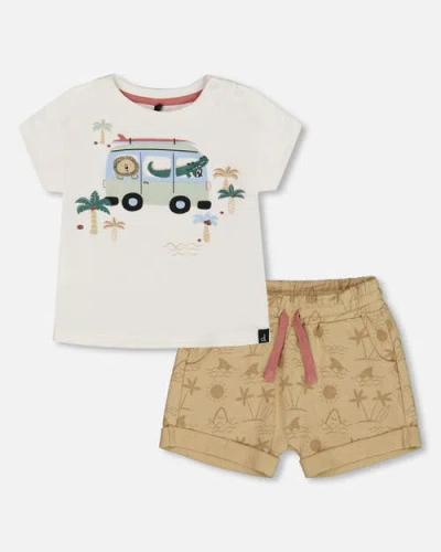 Deux Par Deux Baby Boy's Short Sleeve Top And French Terry Short Set Beige With Palm Trees And Blue In Beige Palm Trees And Blue
