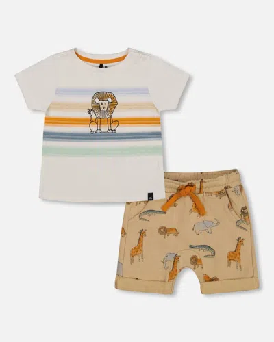 Deux Par Deux Baby Boy's Top And French Terry Short Set Beige Printed Jungle Animal In Multi