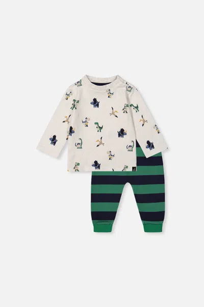 Deux Par Deux Kids' Baby Cotton T-shirt & Fleece Pant Set Beige Dinosaur Print In Multi