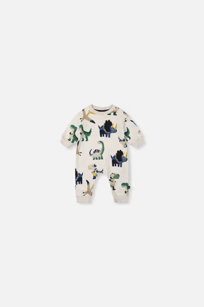 Deux Par Deux Kids' Baby Fleece Jumpsuit Beige Dinosaur Print In Neutral