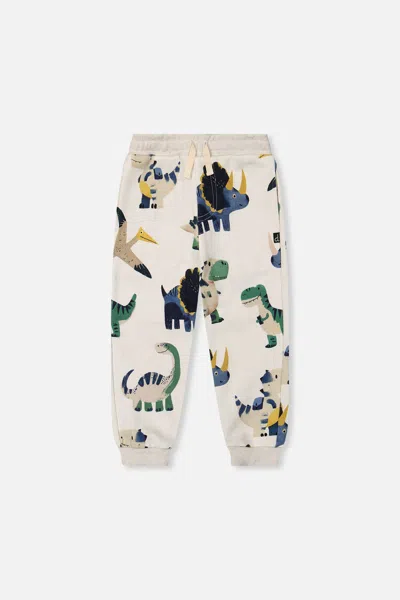 Deux Par Deux Kids' Fleece Sweatpants Beige Dinosaur Print In Multi