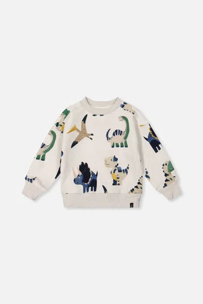 Deux Par Deux Kids' Fleece Sweatshirt Beige Dinosaur Print In White